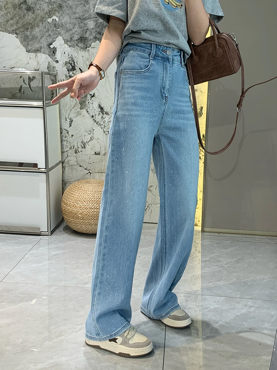 

High Waist Slim Fit Straight Leg Denim Jeans Women's Spring Summer Washed Narrow Version Elastic Glitter Long Pants