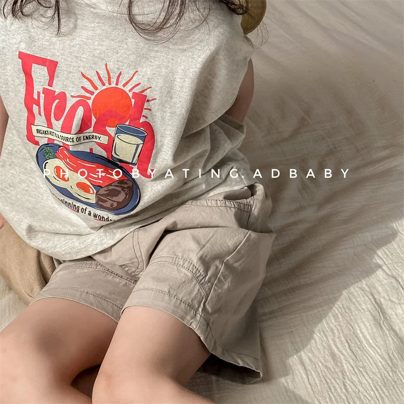 2024 Summer New Fashion Cartoon Print Children Sleeveless T Shirts Boys Girls French Fries Pattern Vest Baby Tee Cotton Tops