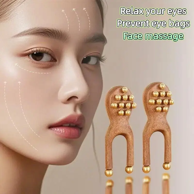 12Copper Beads Guasha Face Massager Tool Sandalwood Handle Fascia Lifting Face Manual Massager Anti Static Frog Shape Handheld
