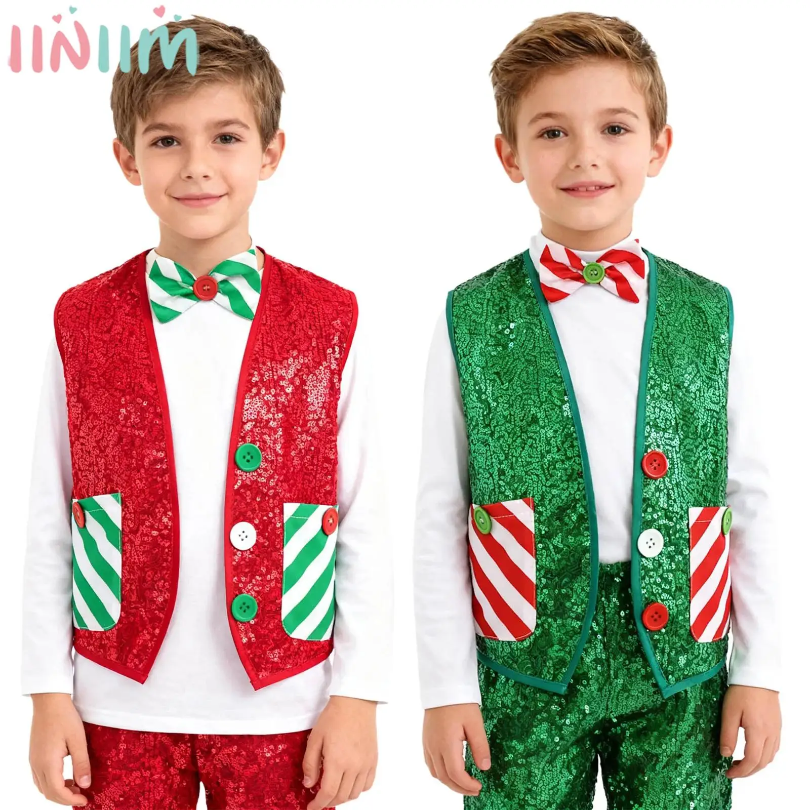 Kids Christmas Santa Elf Cosplay Costume Shiny Sequin Stripe Vest with Bowtie Xmas Latin Jazz Disco Dance School Choir Waistcoat