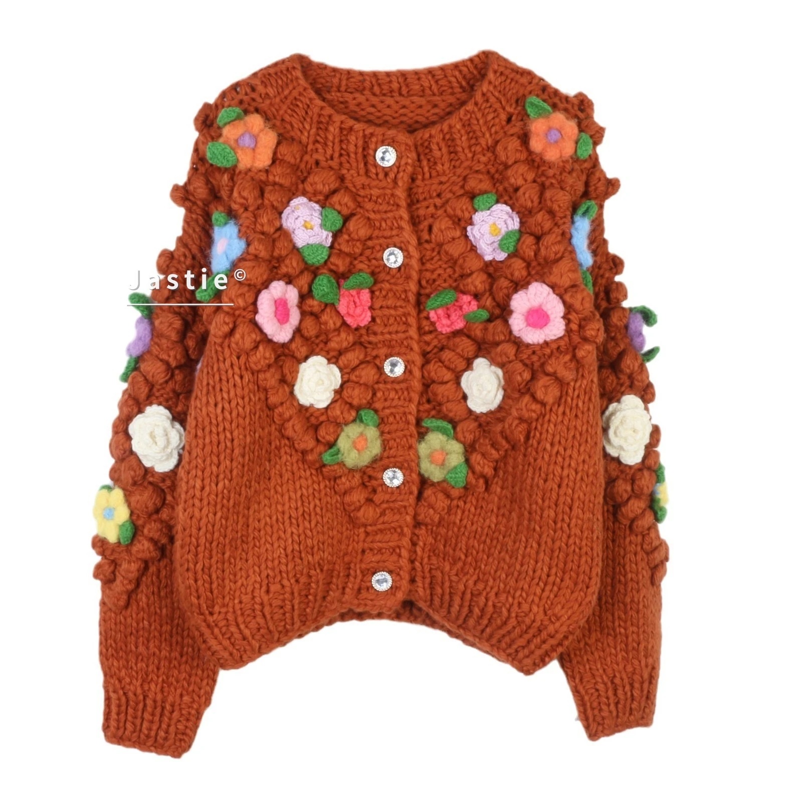 Sweet Cardigan Sweater Women Autumn/winter Style Bohemian Floral Round Neck Long Sleeves Single-breasted Loose Knit Cardigan