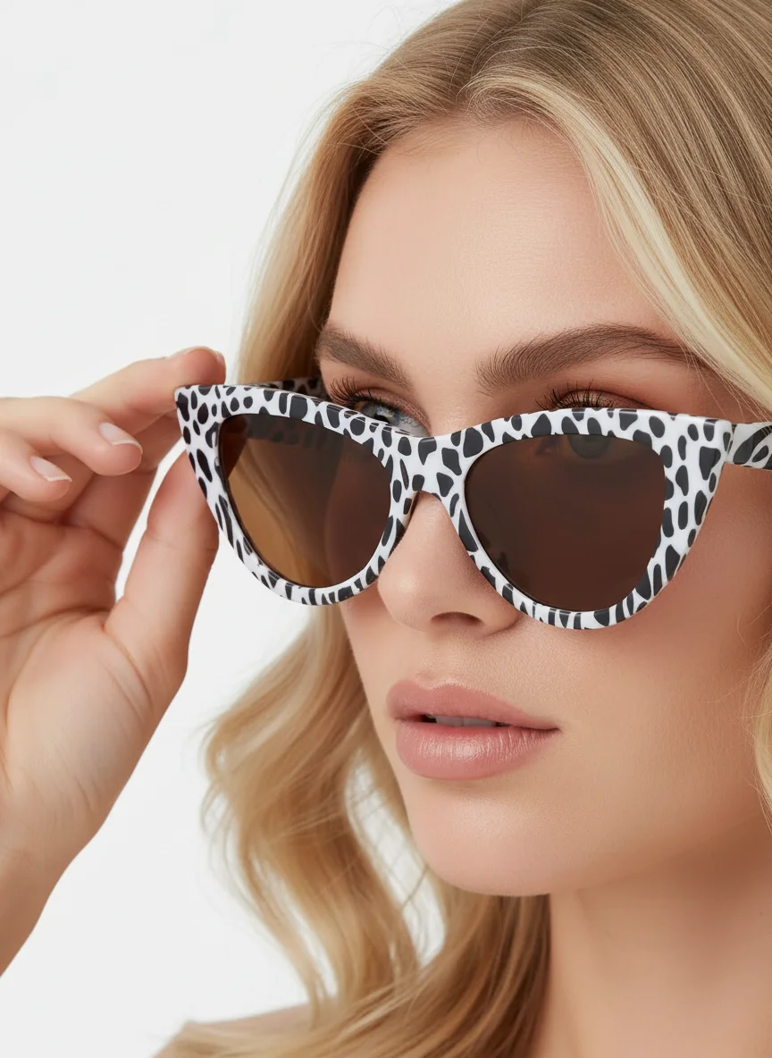 

Women's Fashion Cat-Eye Sunglasses - Black & White Cow Print Spot Design, Retro UV Protection Sun Glasses, Summer Trendy Shades