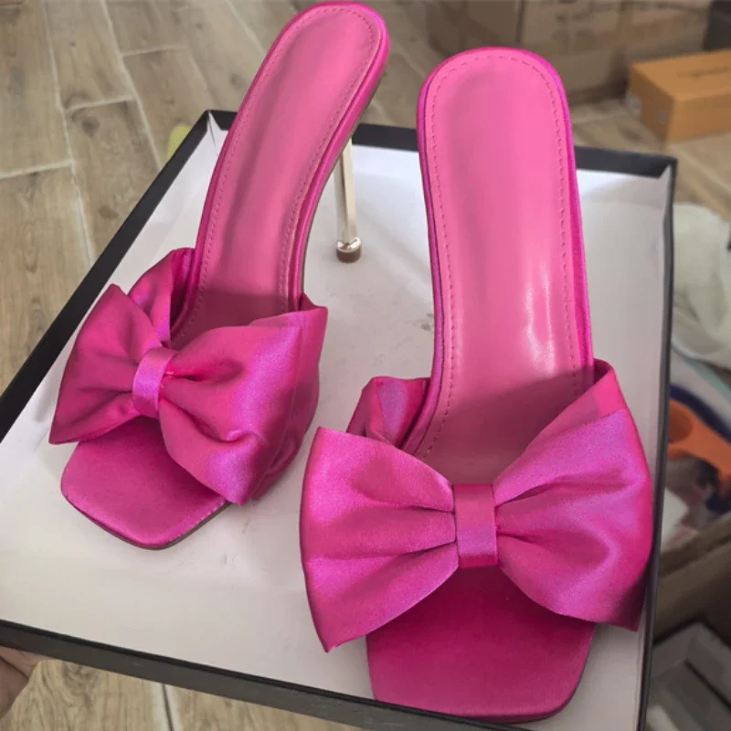 2024 Rose Satin Big Bow Slippers Square Head 11cm Metal Thin Heel Birthday Party Sandals Open Toe Beach Holiday Slippers 35-43