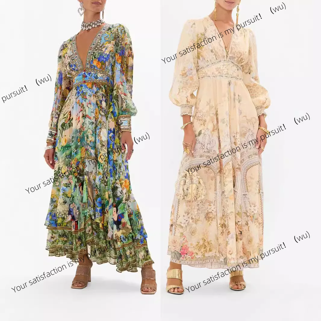 

Printed V-neck long-sleeved bubble sleeve waist summer new women's chiffon dress
