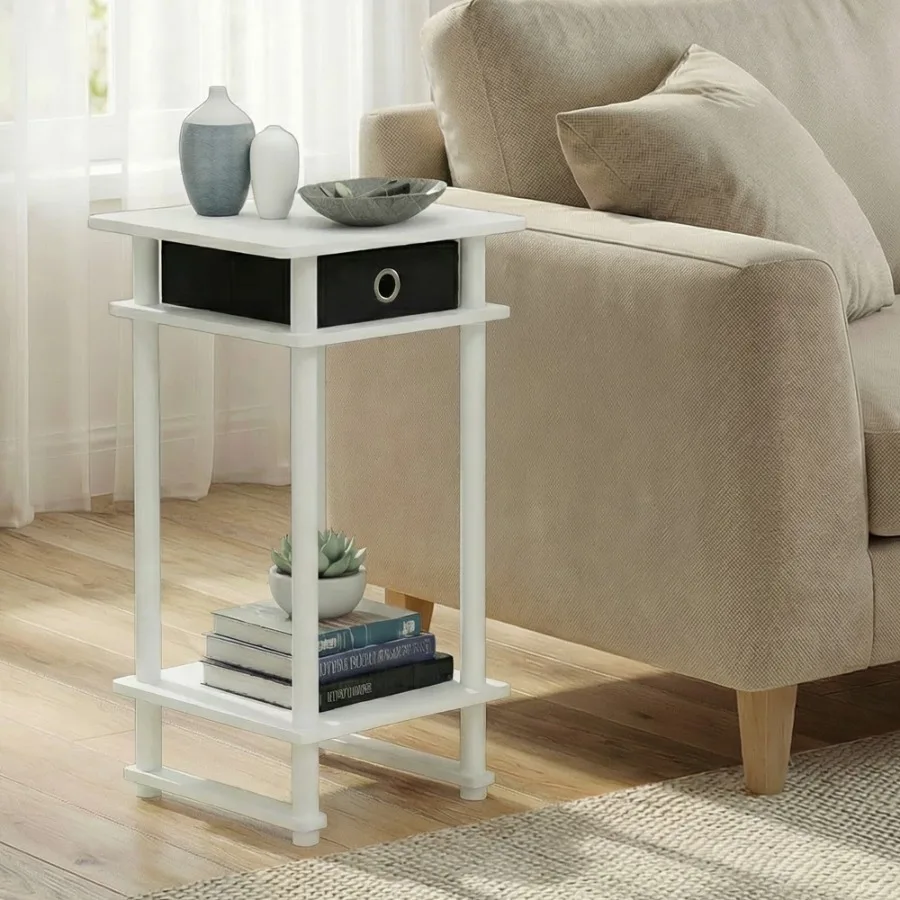 TURN-N-TUBE 3-Tier Narrow Toolless End Table with Storage Bin White