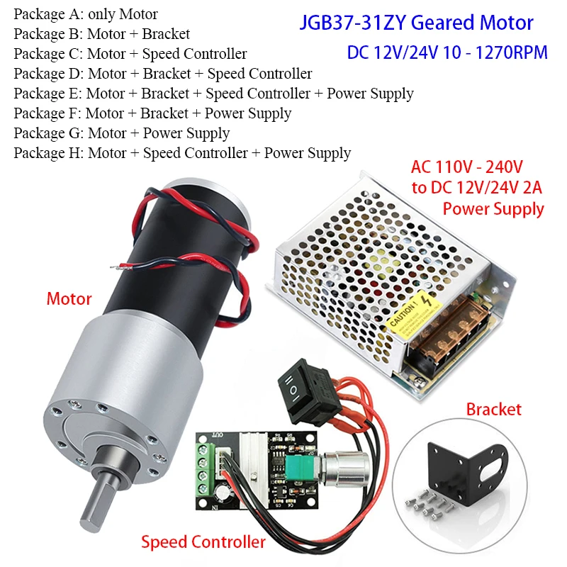 JGB37-31ZY DC 12V24V Geared Motor 10RPM-1270RPM Reduction Gear Motor Large Torque High Power 3157 Brush Motor Reversed Motor