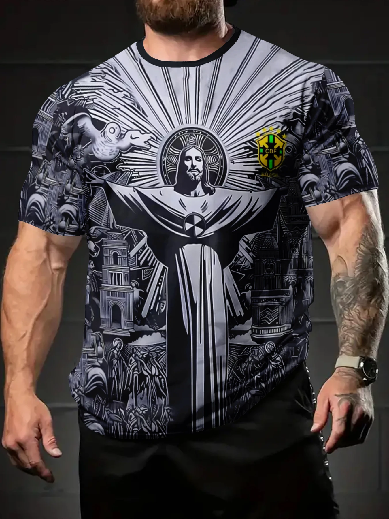 Men Crew Neck Short Sleeve T-Shirt, Monument And Vintage Building Line Art Graphic Print