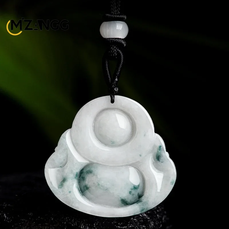 Natural Myanmar Jadeite Floating Flower Big Belly Buddha Pendant Ice Kind Jade Men's and Women's Necklace Lucky Amulet