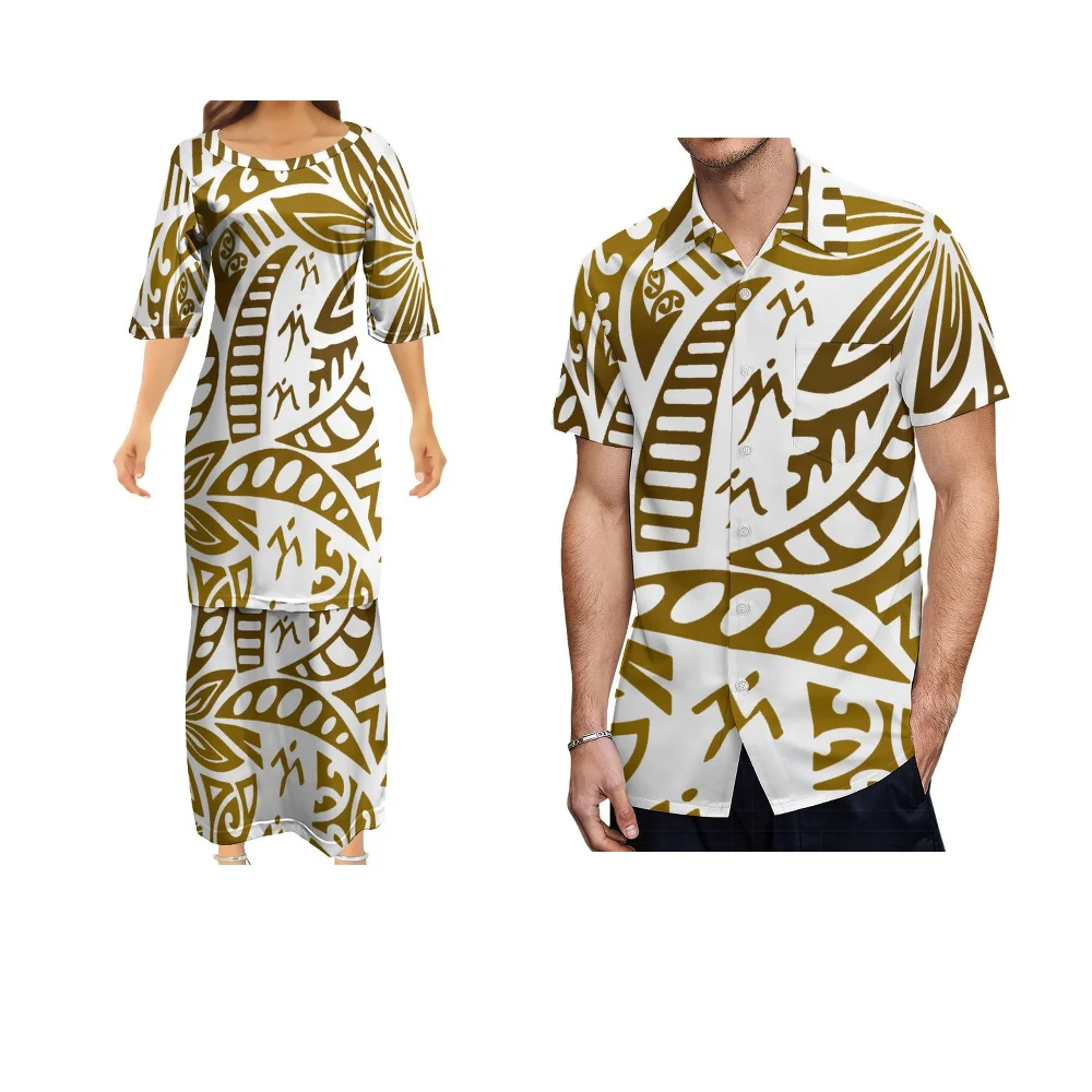 Summer Hot Couple Short Sleeve Clothing Women'S Loose Crew Neck Top Skirt With Puletasi Skirt Men'S Shirt Polynesian Clothing