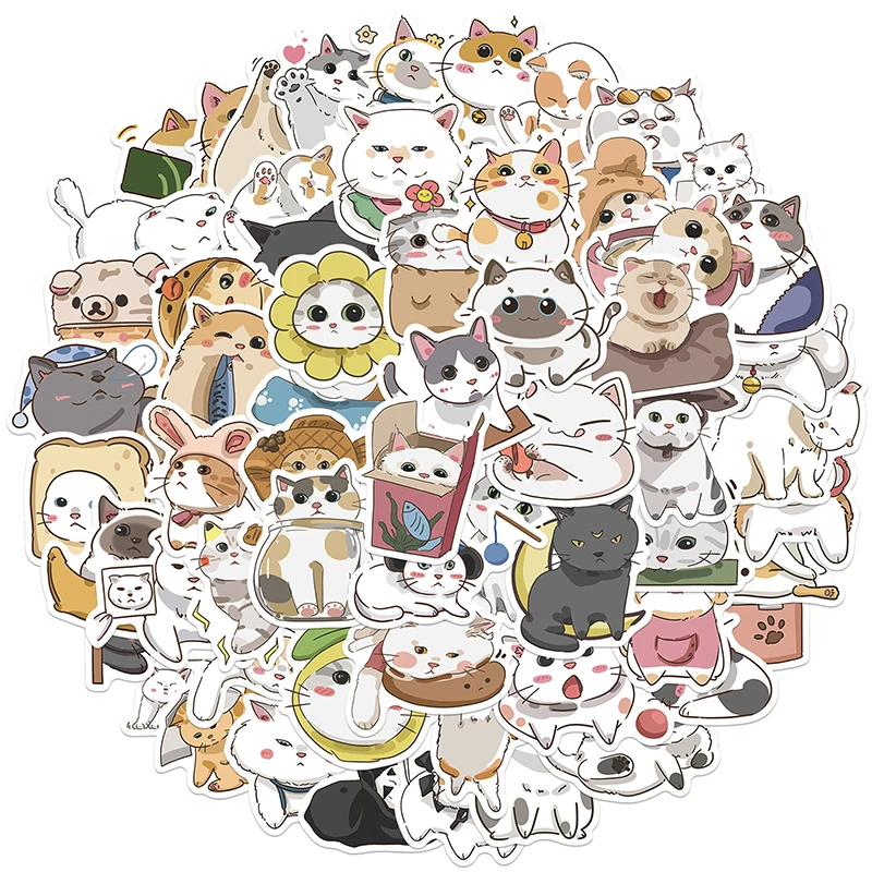 

10/30/62PCS Kawaii Round Face Cat Sticky Graffiti Sticker Aesthetic Child PVC Phone Decorative Sketchbook Scrapbook for Kids