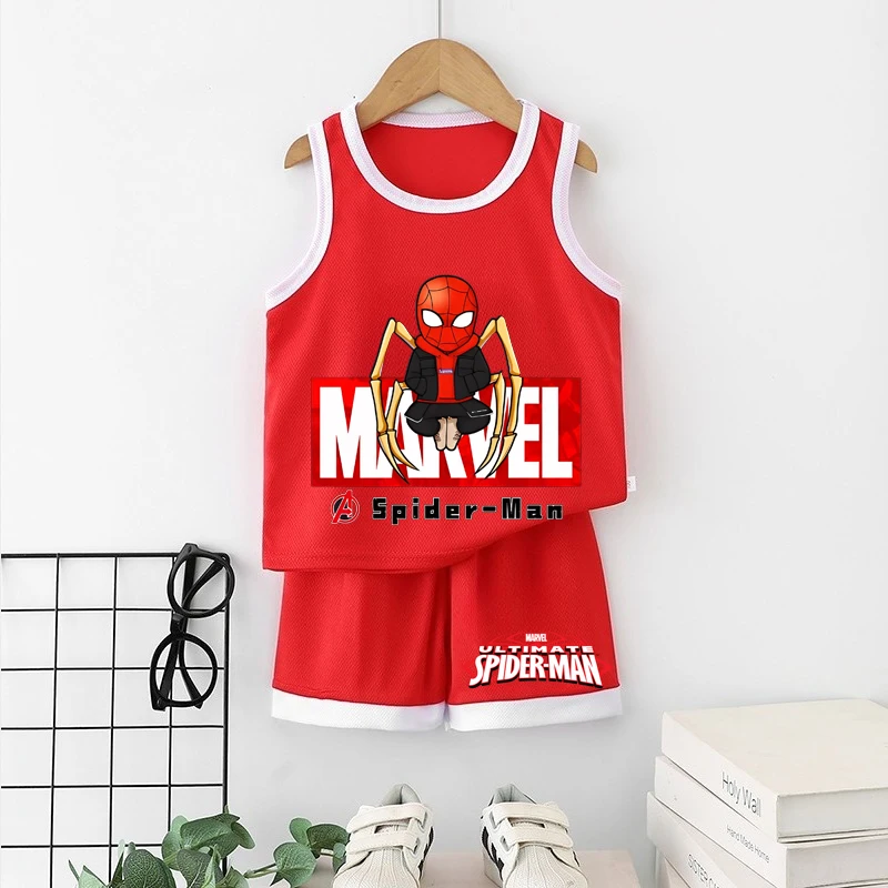 ديزني 2015 الصيف تنفس الفتيان سترة مجموعات أنيمي سبايدرمان الأطفال أكمام أعلى السراويل قطعتين دعوى الاطفال ملابس غير رسمية
