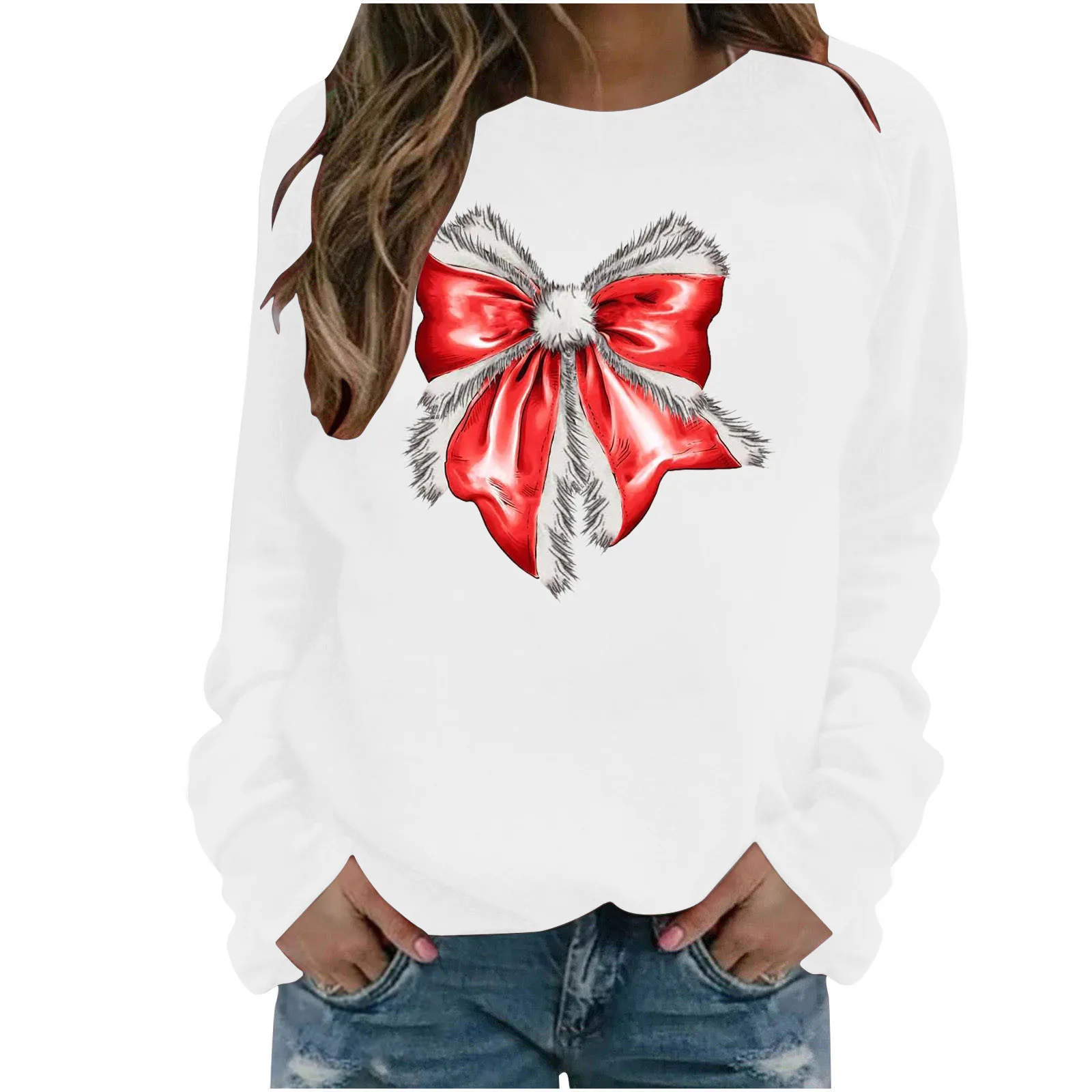 Fashion Christmas Bow Tie Print Hoodie Women Autumn And Winter O-neck Long Sleeves Pullover Loose Casual Hooded Sweatshirt Woman