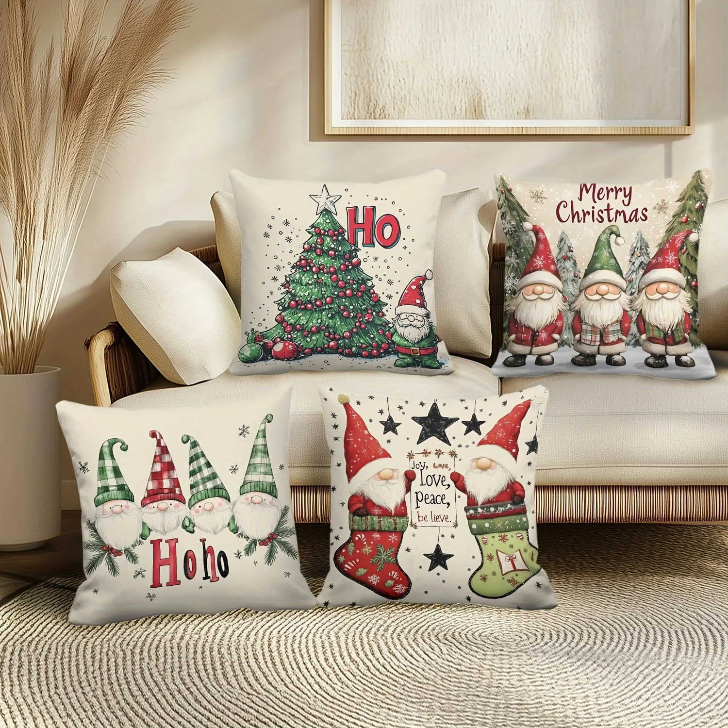 4-Pack Festive Christmas Pillow Covers, 18x18 Inch, Contemporary Style, Zippered Polyester Cushion Cases, Machine Washable