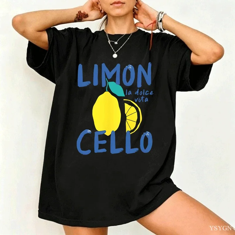 Limoncello La Dolce Vita Hand Drawn Lemon Fruit Graphic T Shirt Italian Quote Womens Tee Summer Holiday Aesthetic Casual Tops