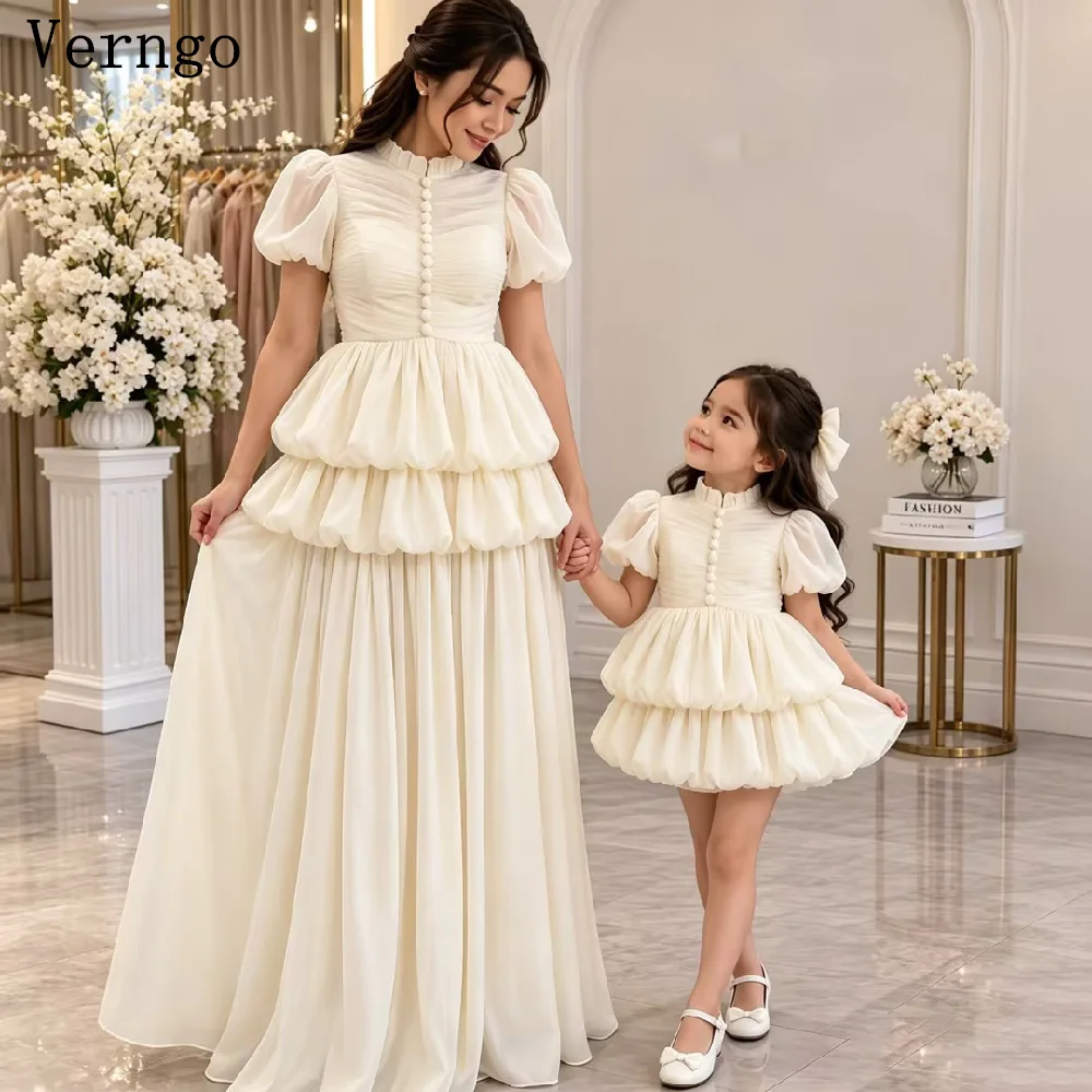 Verngo Ivory Shiny Satin Mini Girl Flowers Dress High Neck Short Sleeves Birthday Party Dress A Line Tiered Kid Gowns Customized