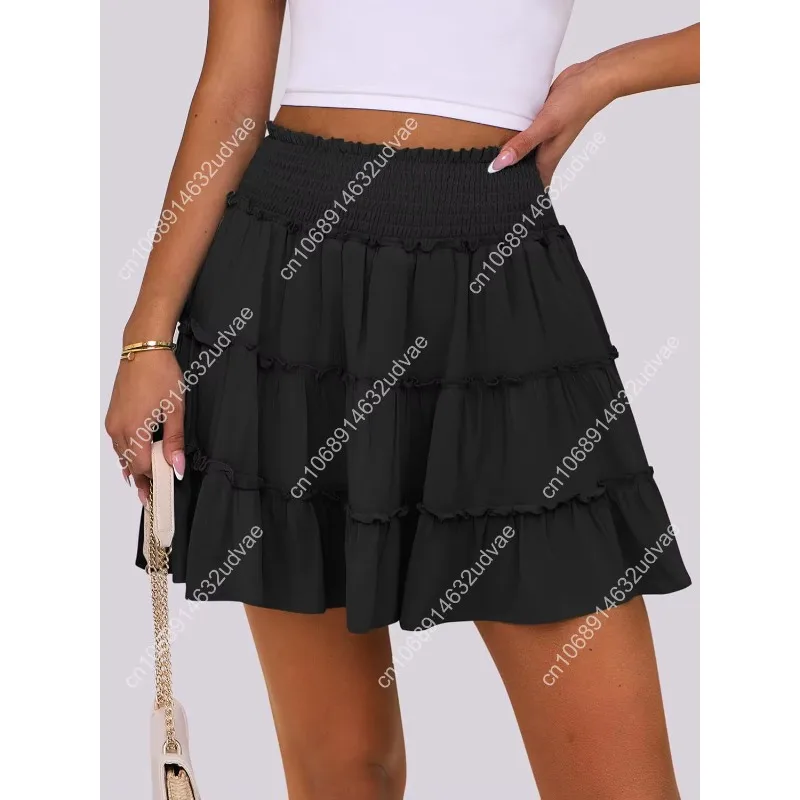Caracilia Damen Sommer fließende Miniröcke, hohe Taille, Rüschen, gestuft, lässig, niedlich, Boho-Strand, kurze Röcke, integrierte Shorts