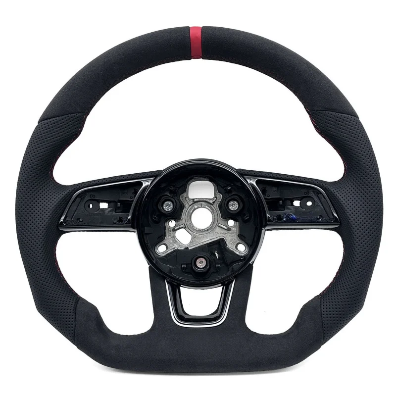 For Audi A4B9 RS model sports steering wheel with perforated suede, red stitching, and red return-to-center mark