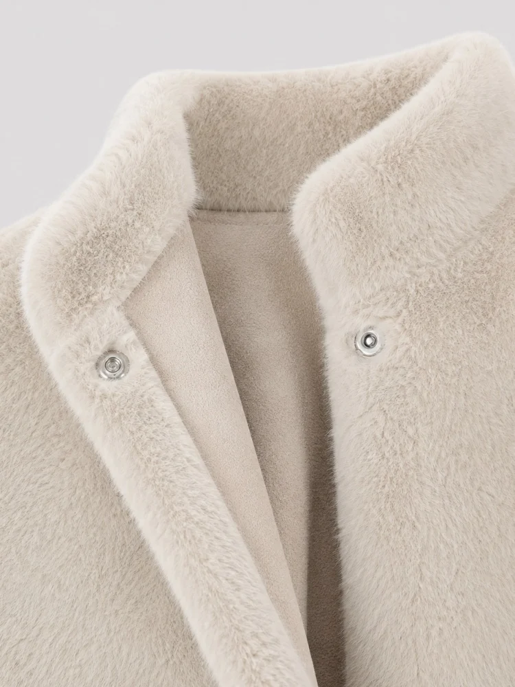AACHOAE Women Faux Fur Jacket Winter Coat Stand Collar Long Sleeve Snap Button Warm Loose Casual Elegant Outerwear