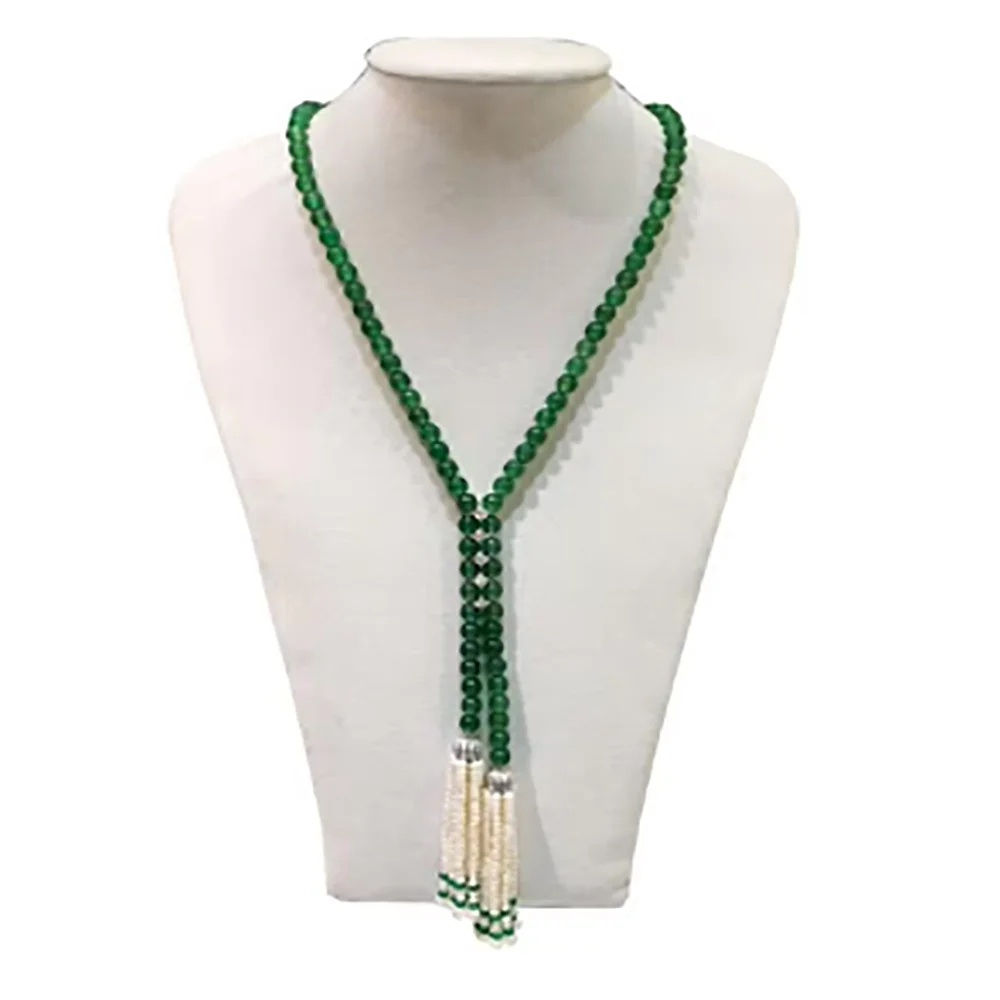 

beautiful natural 8mm green jade freshwater pearl tassel necklace 25‘