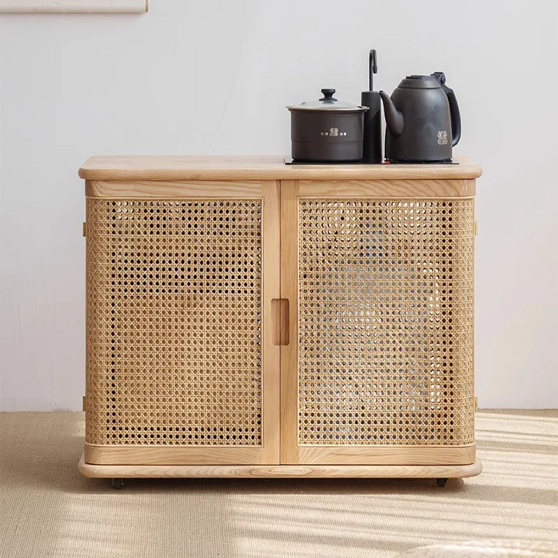 โต๊ะน้ำชาเคลื่อนที่สไตล์นอร์ดิกเรียบง่ายแบบจีนย้อนยุคสำหรับห้องนั่งเล่นในโรงแรม B&B ทำจากไม้จริงและหวาย ดีไซน์สร้างสรรค์