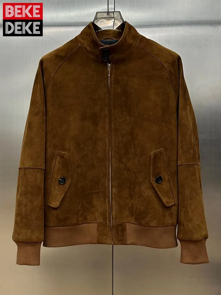 Leisure Stand Collar Long Sleeves Genuine Leather Jacket Fashion Solid Color Zipper Male Loose Sheepskin Suede Outerwear