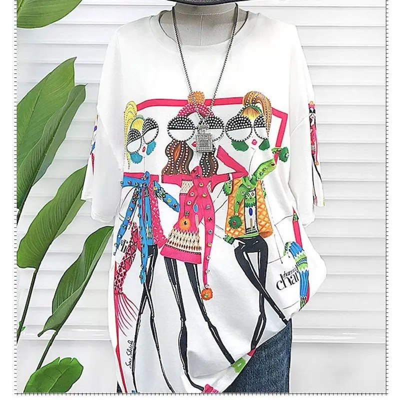 Cotton T Shirts Women Beauty Pattern Printed T-shirt Hot Fix Niche Design Half Sleeve Tops 2025 New in Summer Trendy Tshirt Y2k