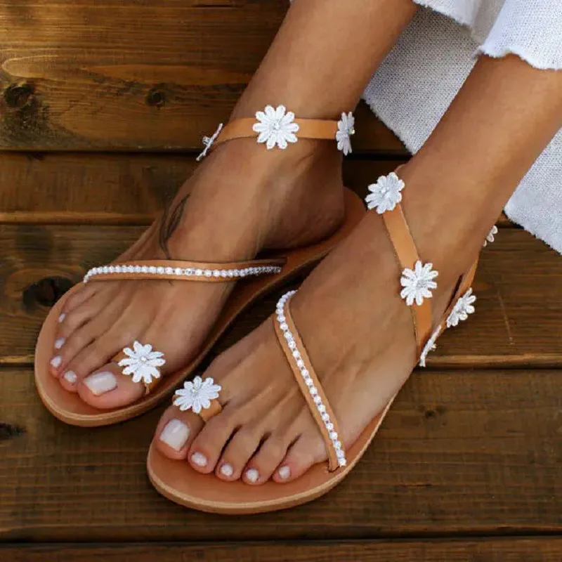 New White Lace Sandals Women Flip Flops Flat Sandals Women Bohemia Beach Shoes Women Plus Size Summer Fashion Women Shoes 2022