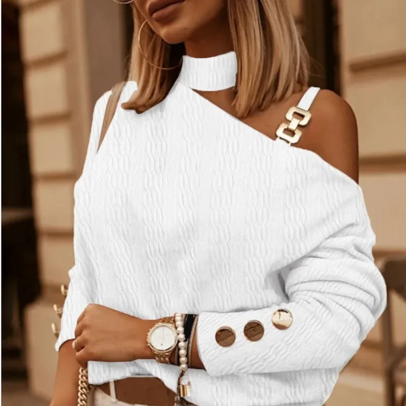 2024 Spring Autumn Sexy Off Shoulder Shirt Chain Hanging Neck Button tops Fashion Elegant Women\'s White Blouse Feminine Clothing