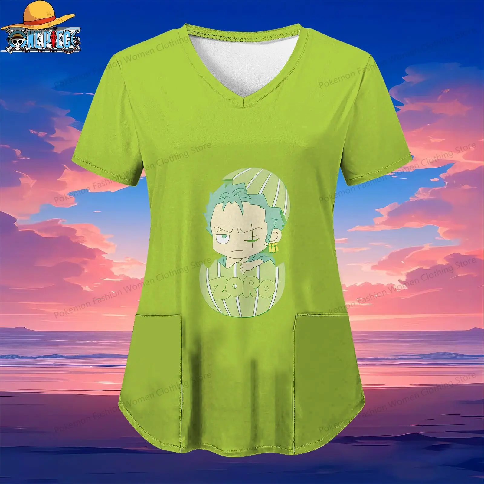 

Women's V Neck Nurse Uniform T-Shirt One Piece Pocket Summer Kawaii Y2k Woman Clothing Street Wear Luffy 2024 Top Anime S-2XL