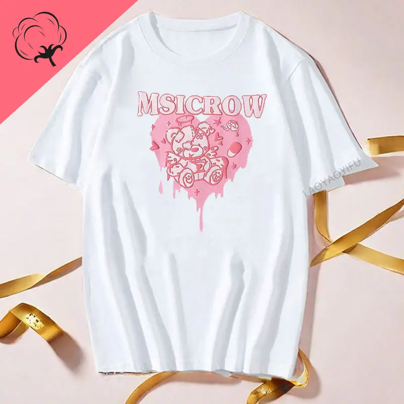 2024 koreański damski t-shirt Kawaii różowy miłość nadruk niedźwiedzia krótki rękaw t-shirt damski bluzka Harajuku Streetwear damski T-shirt