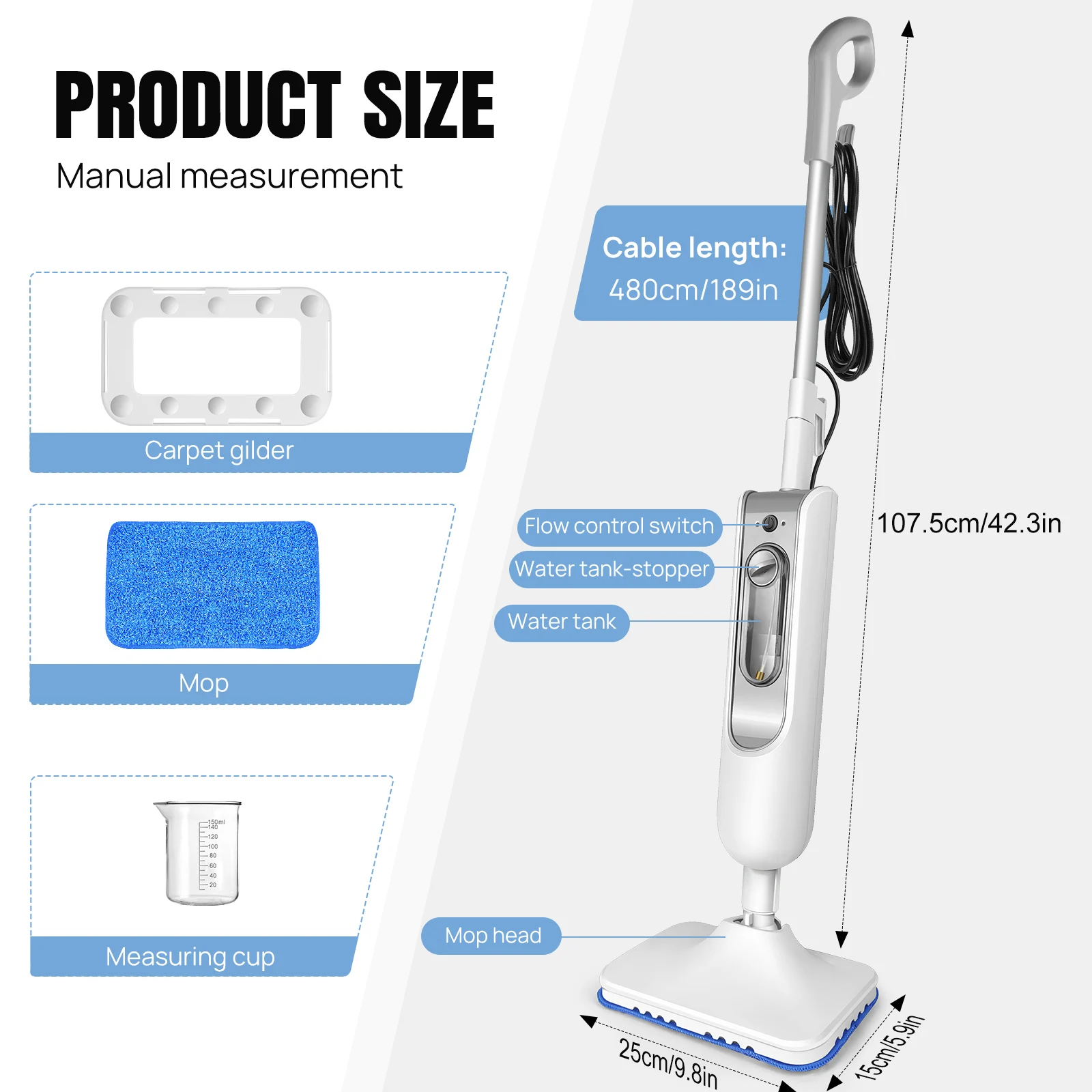 

1500W Hot Steam Cleaner Handheld, 115cm Aluminum Rod, 400ml Water Tank, 4.8M Cable, 20s Fast Heating Up, 28g/min