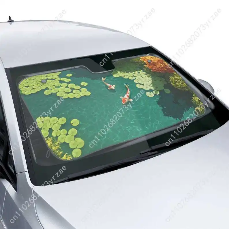 

Koi Fish Car Sun Shade Good Heat Insulation Effect Windshield Sunshade Portable Waterproof Easy Clean Car Accessory