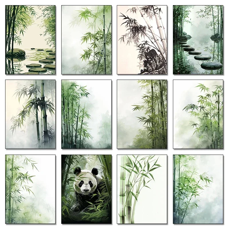 Póster de Hoja de Bambú, Panda Zen, Pintura de Tinta Abstracta China, Impresión de Arte de Pared, Cuadro para Decoración del Hogar, Sala de Estar
