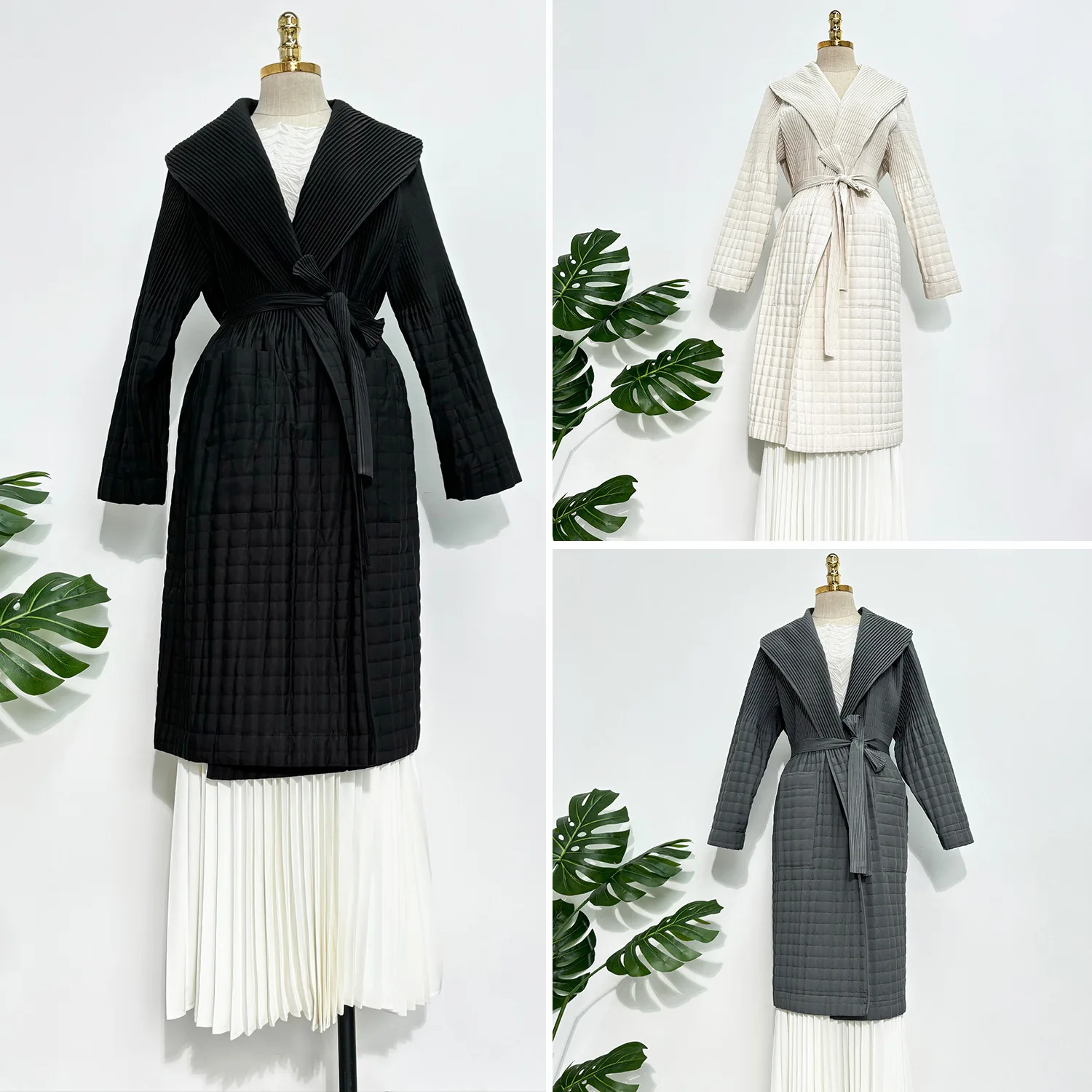 

Miyake Pleats 2025 Autumn and Winter Thick Cotton Jacket Pleated Jacket Elegant Wind Lace-up Medium-length Jacket Women's