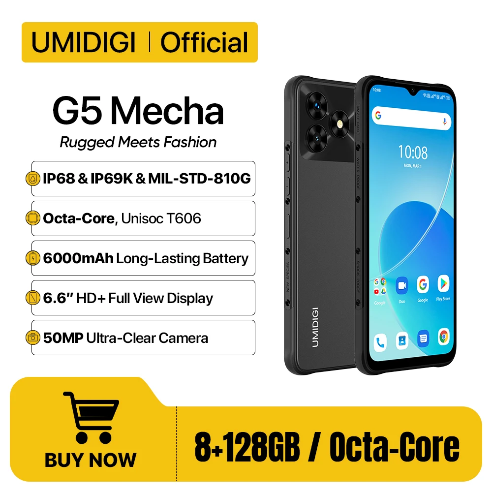 IP68、IP69K UMIDIGI G5 メカ Android 13 頑丈なスマートフォン Unisoc T606 8GB 128GB 6.6 "HD + スクリーン 50MP カメラ 6000mAh 90Hz 携帯電話