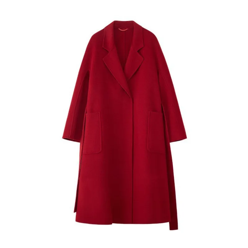 HKSH 2025 Herbst Winter Neue frauen Doppelseitige Wolle Mantel Einfarbig Taschen Gürtel Elegante High-End-dicken Langen Mantel HK15529
