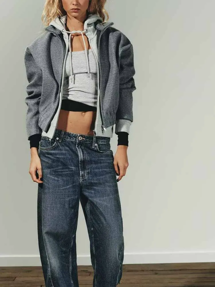 

Европейский и американский стиль, осенняя новая модная тенденция, простая женская одежда, мягкая универсальная куртка с воротником-стойкой и длинными рукавами