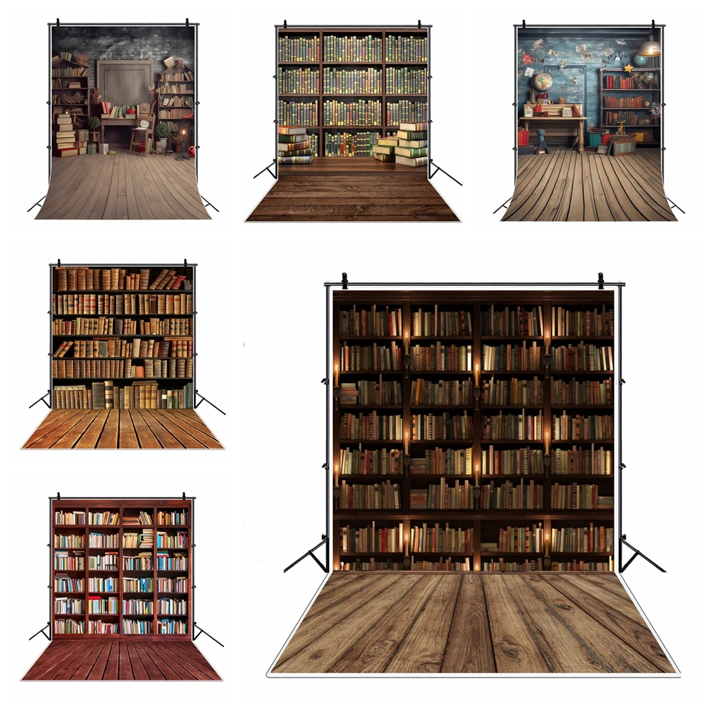 Vintage Wood Bookshelf Photography Background Library Bookcase Scene Children Back to School Party Decor Baby Portrait Backdrops