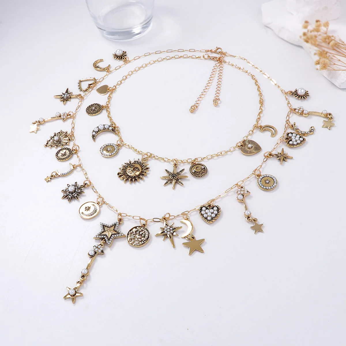 Vintage Celestial Necklace for Women Star Moon Sun Multi-layered Jewelry Boho Astrology-Inspired Accessory for Festival