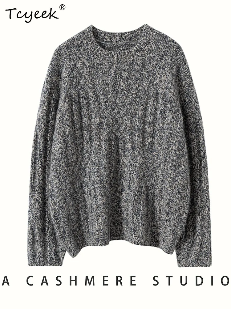 

Tcyeek, 7G Cashmere Wool Blended Sweaters, Women O-Neck Twisted Thick, Fashion Loose Pullover, Autumn Winter New Top T48453QM