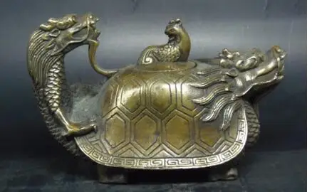 Bronze home decoration Folk Culture Brass Old Handwork chinese copper Carved Dragon Phoenix turtle head cover Teapot