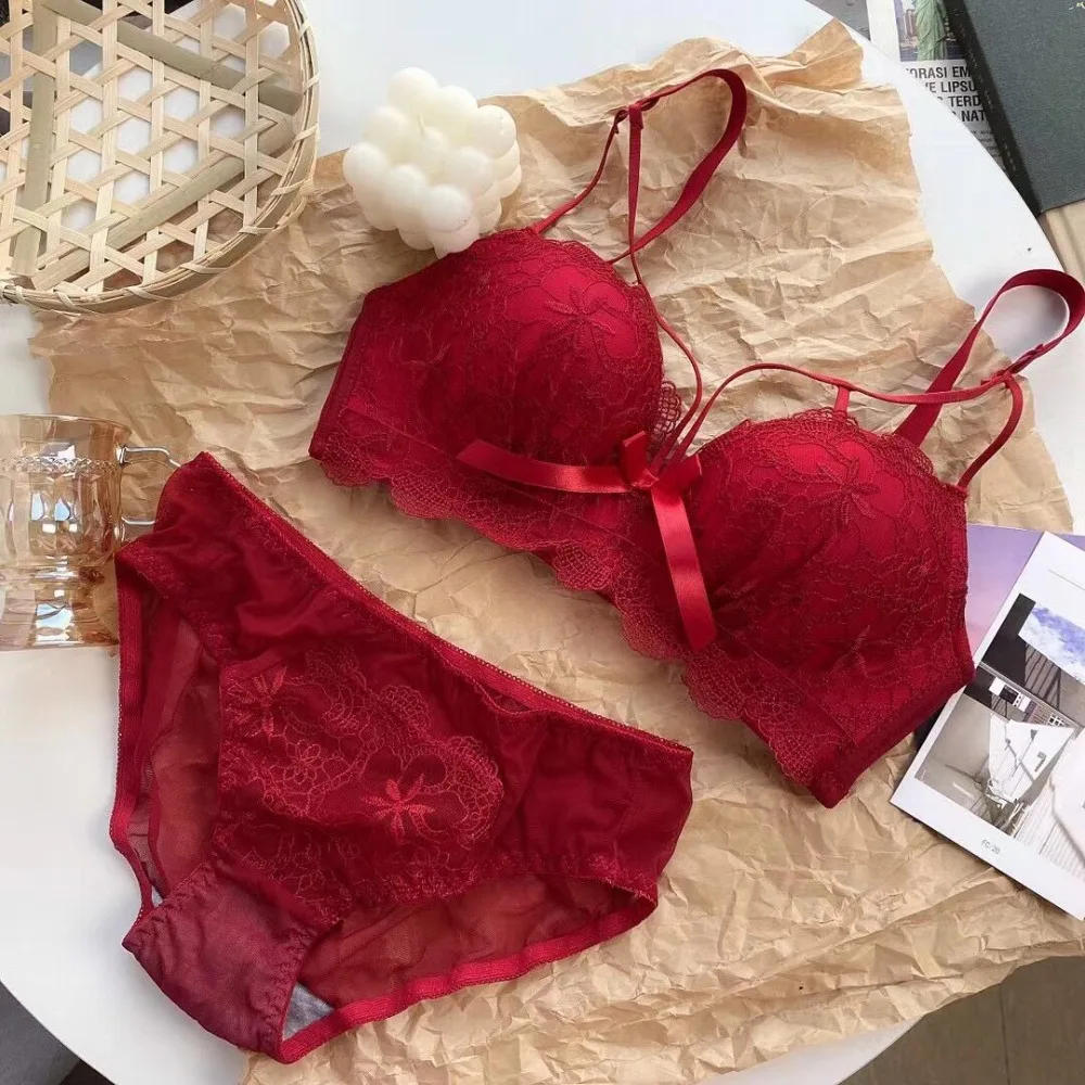 Elegant Embroidery Push Up Bra Set Small Bust, Thin Top Thick Bottom, Side Support Anti Sag Beautiful Back Lingerie Set 32-38AB