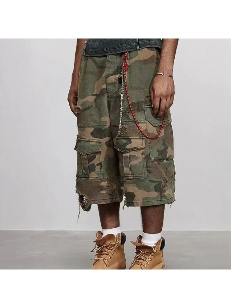 Camouflage déchiré lavé vieux hommes Vintage ample pantalon à jambes larges américain rétro Hip-Hop poche gothique haute rue jean décontracté