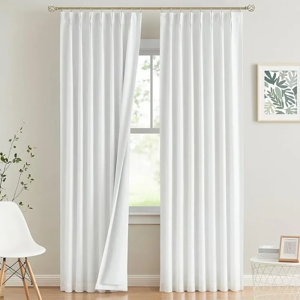 

White Pleated Full Blackout Curtains Thermal Insulation Curtains 108 Inch Living Room Bedroom Dark Pleated Curtains with Hooks