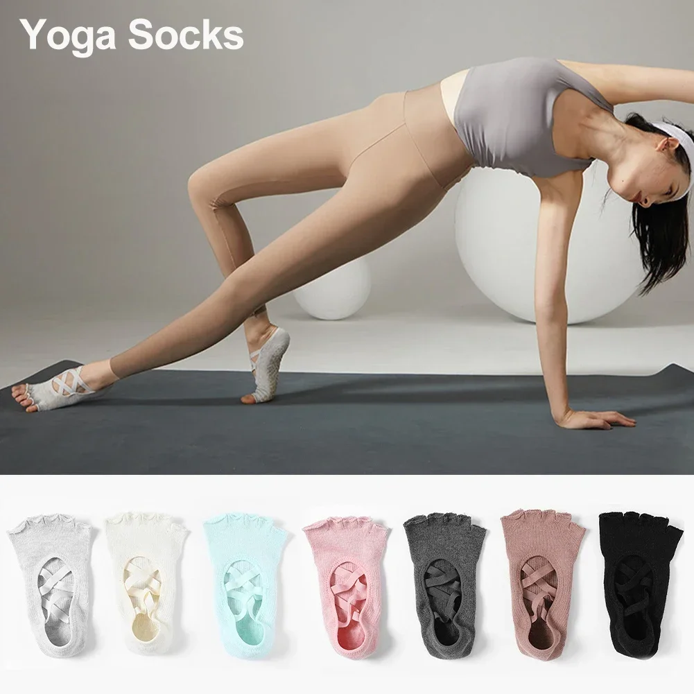 Non-Slip Cross Bandage Yoga Socks Backless Five Toes Pilates Sock Grips Cotton Ballet Dance Fitness Sport Sock Slipper