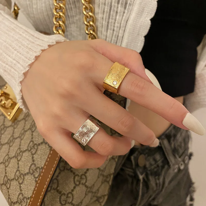 QMCOCO Silver Color Geometry Irregular Texture Zircon  Women Simple Personality Wide Square Open Adjustable Ring