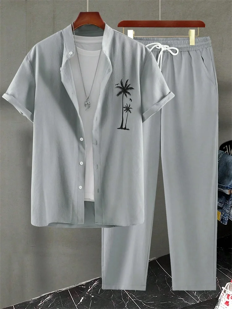 2025 Automne Simple Rayé 3D Imprimé Hommes Automne Chemise Ensemble, Rue Urbaine Mode Tendance Hommes 2pcs Ensemble, Simple Et Décontracté