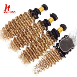 HairUGo T1B27 Deep Wave Human Hair Bundles With Closure Remy Pre-Colored 4x4 Lace Closure With Bundle Hair Weaving Bundle Pack