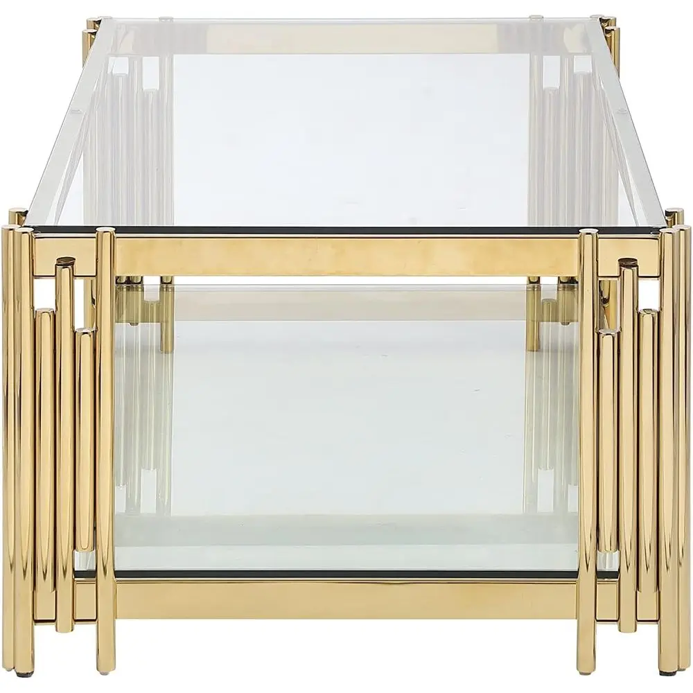 Rectangular Gold Stainless Steel Coffee Table with Glass Top for Living Room