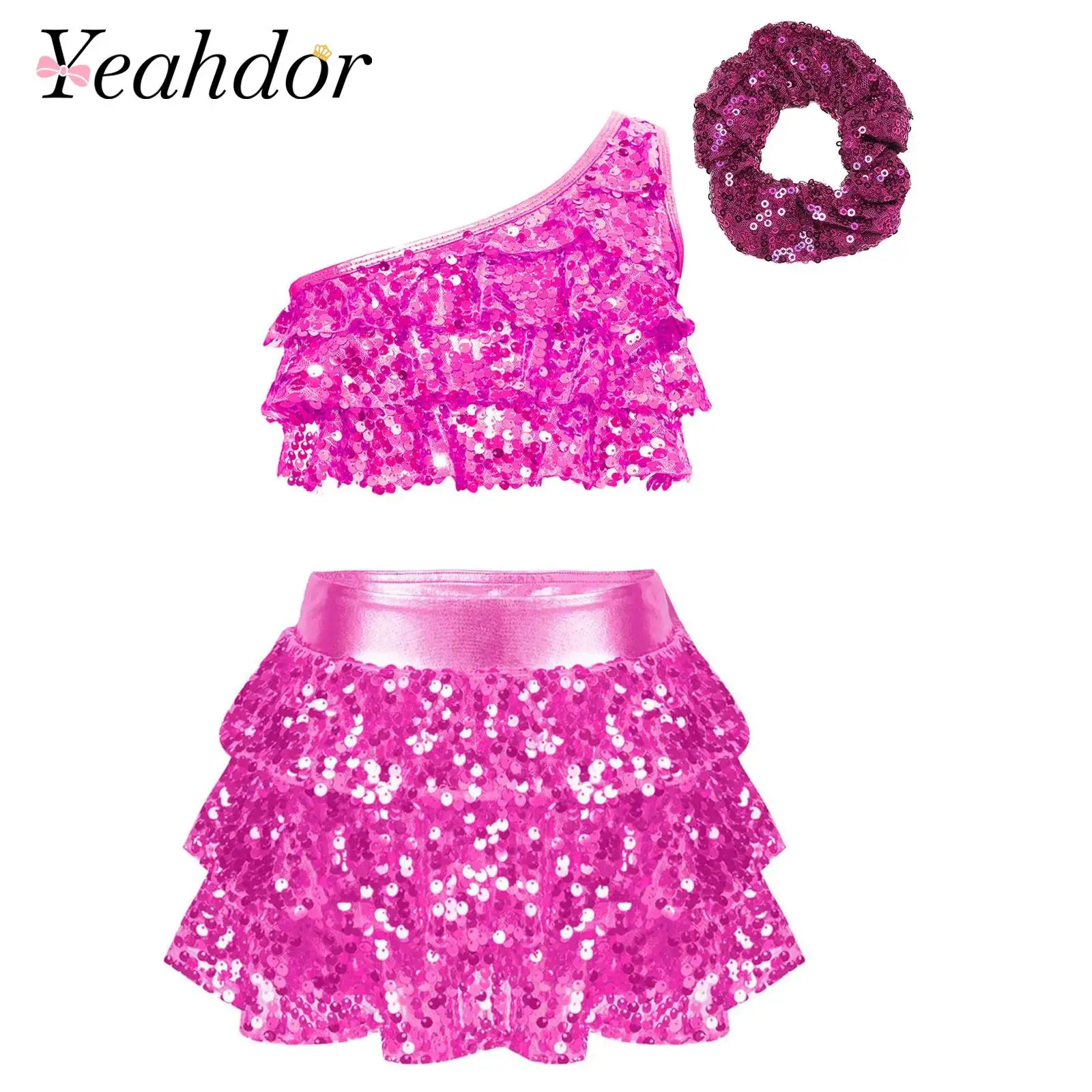 Kids Girls Shiny Sequins Latin Jazz Dance Costume Party Outfit Stage Performance Two Pieces Dancewear Children Clothes Sets